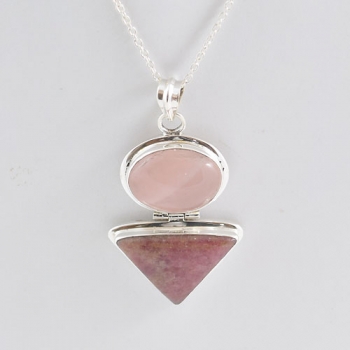 925 sterling silver pink rose quartz Rhodonite chunky pendant